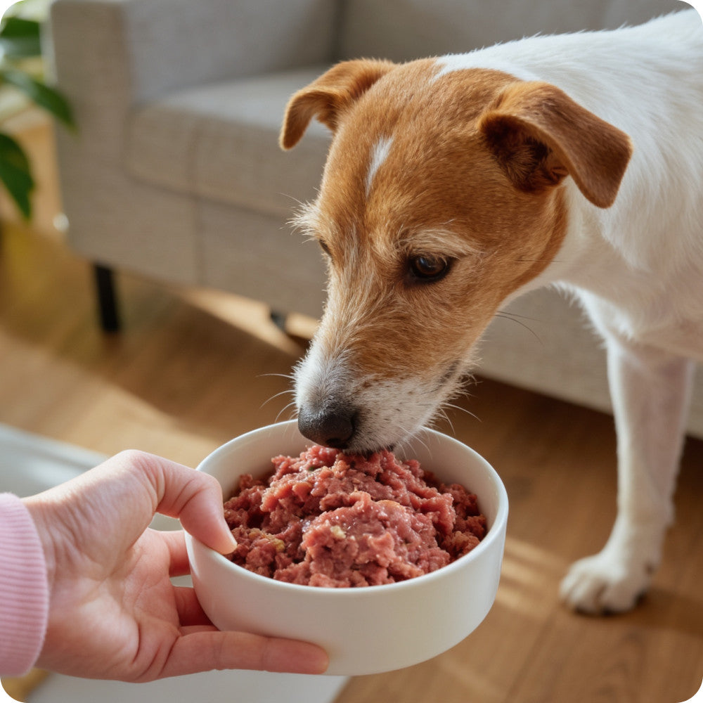 A dog eating a bowl of raw food held by its owner