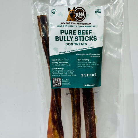 Packaged dog treats labeled 'Pure Beef Bully Sticks' with a visible brand label