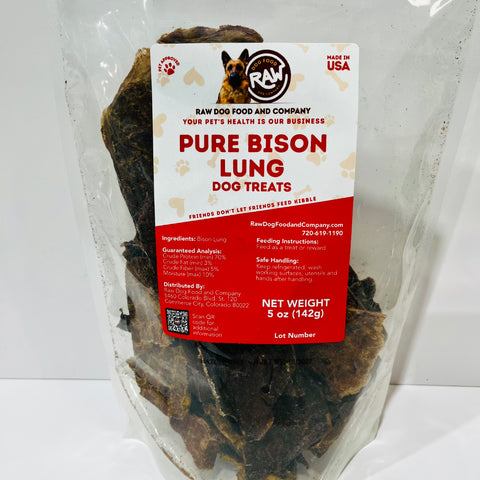 Packaged dog treats labeled 'Pure Bison Lung' with a visible brand label