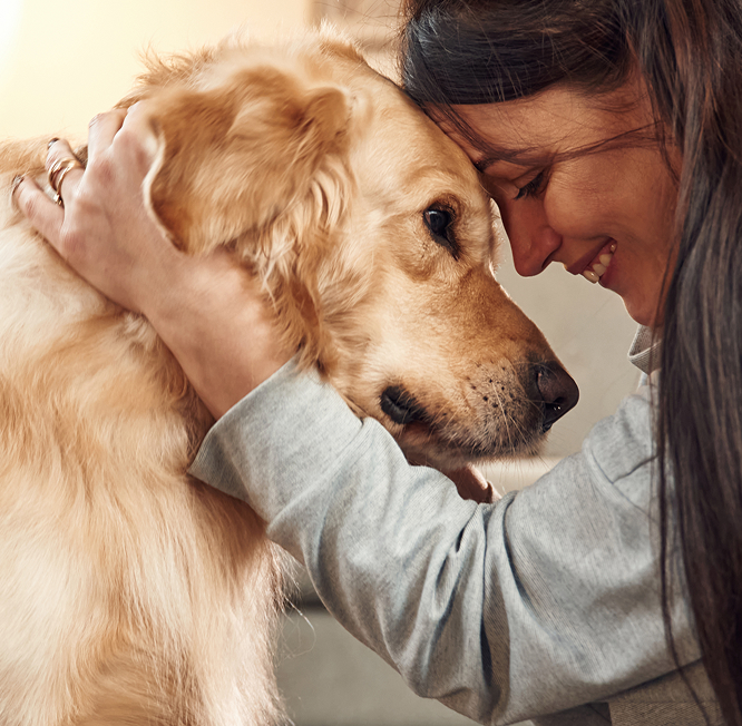 A customer lying on the floor hugging her dog