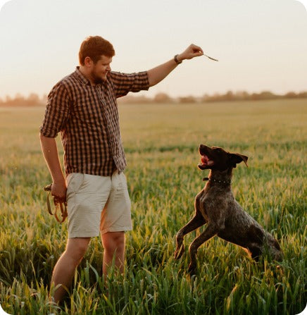 A man playing fetch with his dog in a field