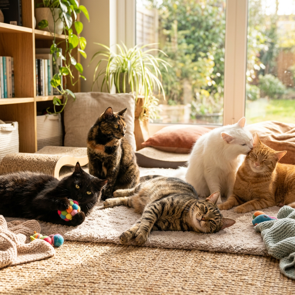 Five cats relaxing together on a rug in a sunlit room